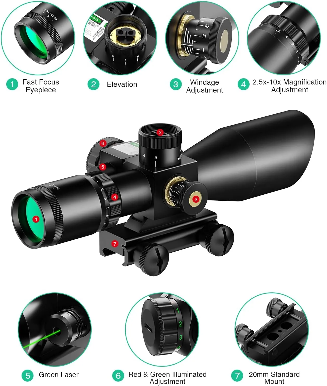 MidTen 2.5-10x40 Red Green Illuminated Mil-dot Scope with Red/Green Laser Combo - Green Lens Color & Mounts