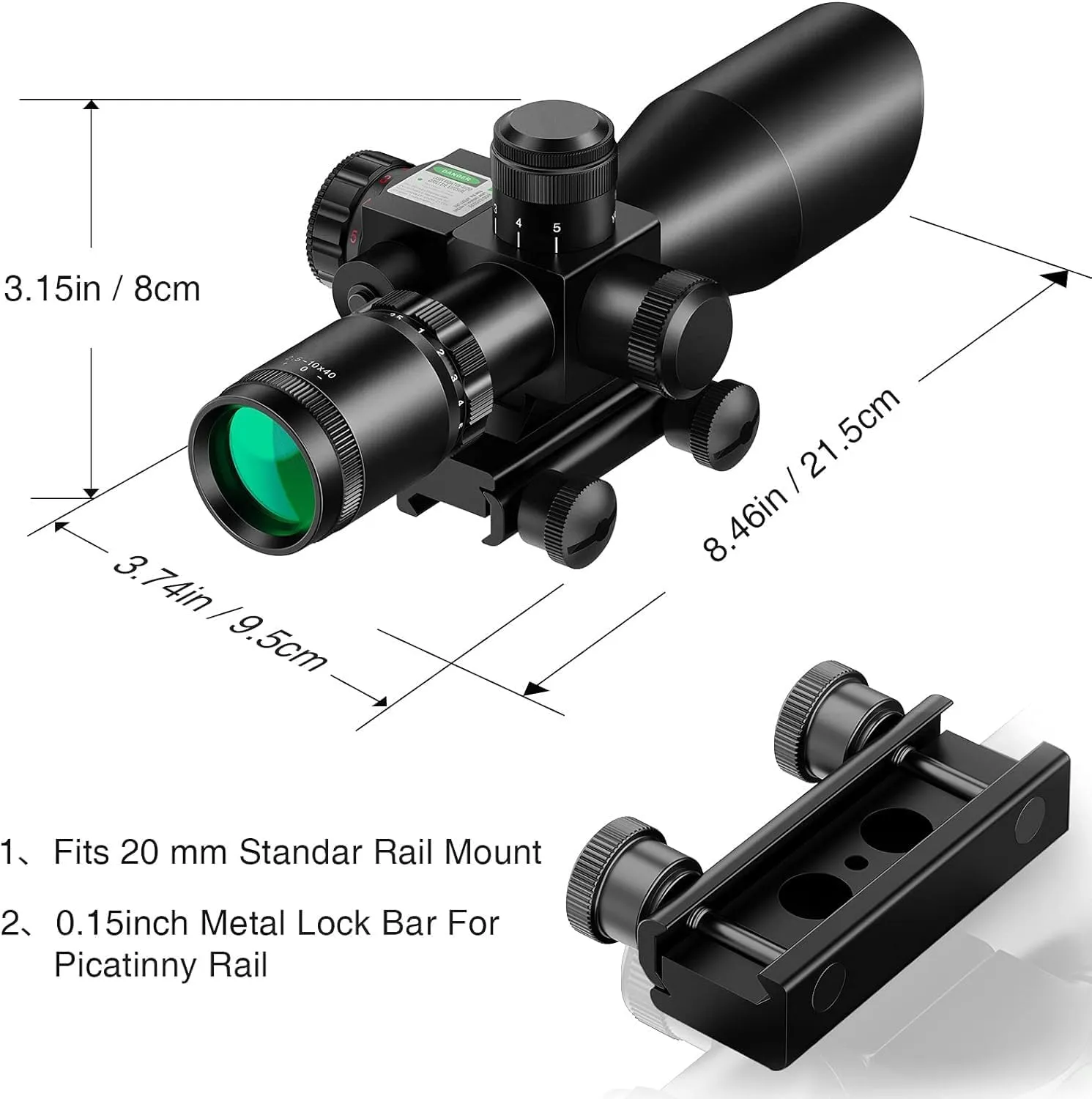 MidTen 2.5-10x40 Red Green Illuminated Mil-dot Scope with Red/Green Laser Combo - Green Lens Color & Mounts