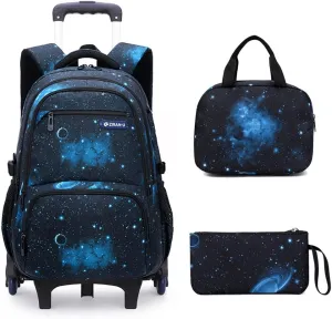 Mildame Galaxy Print Rolling Backpack for School Boys Girls with Lunch Bag Teens Bookbag with Wheels Kids Trolley Bag Set, Six Wheels