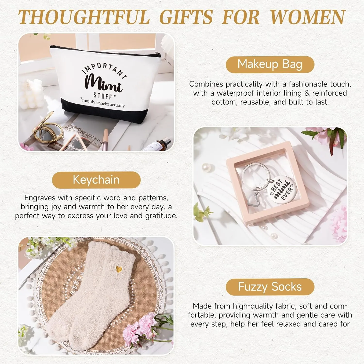 Mimi Gifts, Mothers Day Gifts For Grandma Mimi, Best Grandmother Gift Set from Granddaughter Grandkids - Unique Canvas Tote Bag Makeup Bag 16oz Glass Tumbler Care Package for Women