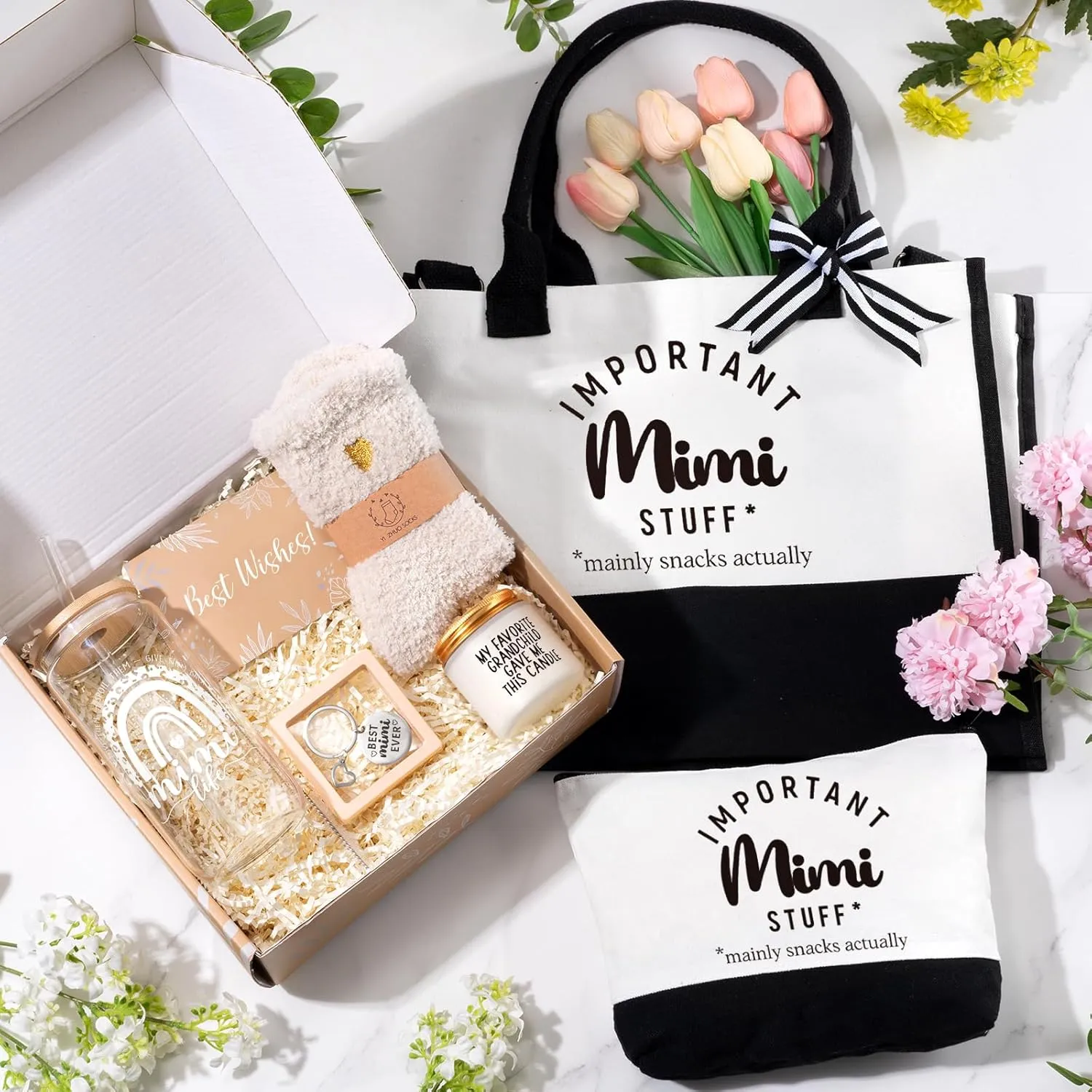 Mimi Gifts, Mothers Day Gifts For Grandma Mimi, Best Grandmother Gift Set from Granddaughter Grandkids - Unique Canvas Tote Bag Makeup Bag 16oz Glass Tumbler Care Package for Women