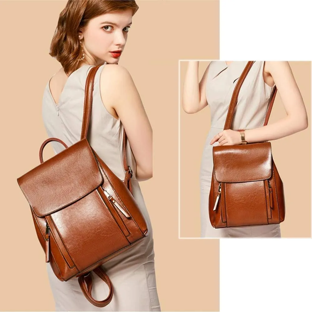 Mini Backpack for Women - 100% Genuine Oil-Waxed Leather, Anti-Theft, Versatile Travel Bag for Work & Daily Use, Fits iPad Mini 6/9/10/Air 4/5/Pro 11.