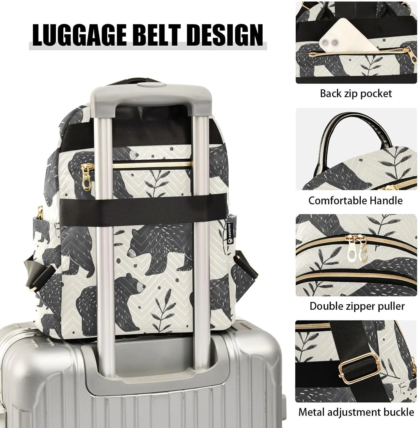 Mini Backpack Purse for Women, Black Bear Leaf Travel Bag Casual Daypack Shoulder Bag