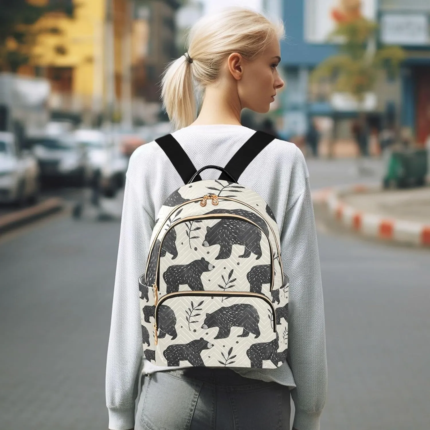 Mini Backpack Purse for Women, Black Bear Leaf Travel Bag Casual Daypack Shoulder Bag