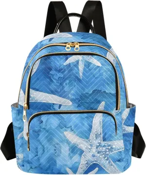 Mini Backpack Purse for Women, Starfish on Blue Watercolor Travel Bag Casual Daypack Shoulder Bag
