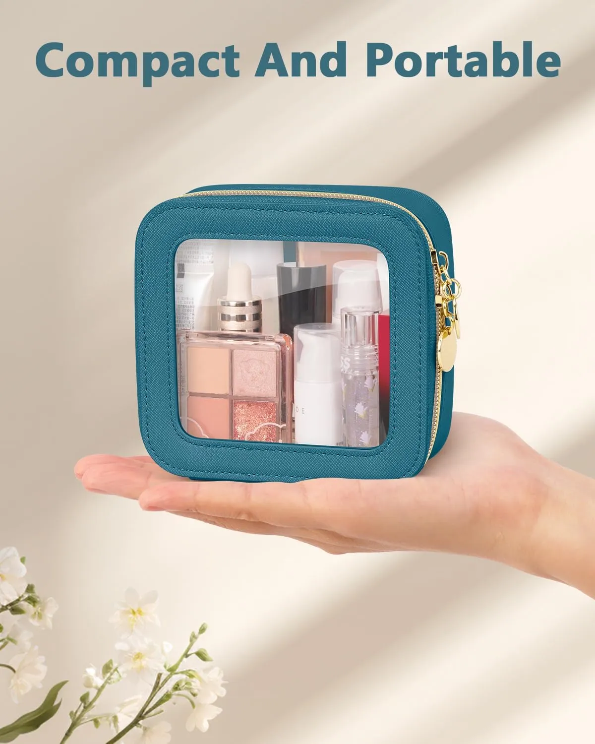 Mini Makeup Bag, Small Makeup Bag for Purse, Waterproof Clear Makeup bag, Leather Cosmetic Bag, Square Make Up Bag Pouch, Toiletry Bag for Travel, Car and Women, Blue