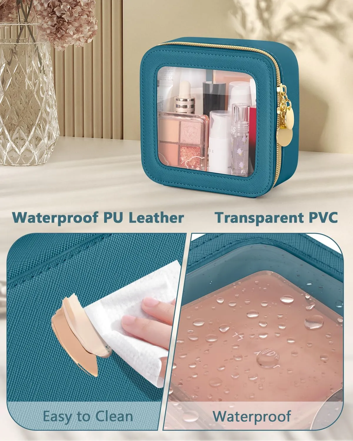Mini Makeup Bag, Small Makeup Bag for Purse, Waterproof Clear Makeup bag, Leather Cosmetic Bag, Square Make Up Bag Pouch, Toiletry Bag for Travel, Car and Women, Blue