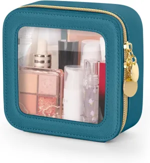 Mini Makeup Bag, Small Makeup Bag for Purse, Waterproof Clear Makeup bag, Leather Cosmetic Bag, Square Make Up Bag Pouch, Toiletry Bag for Travel, Car and Women, Blue