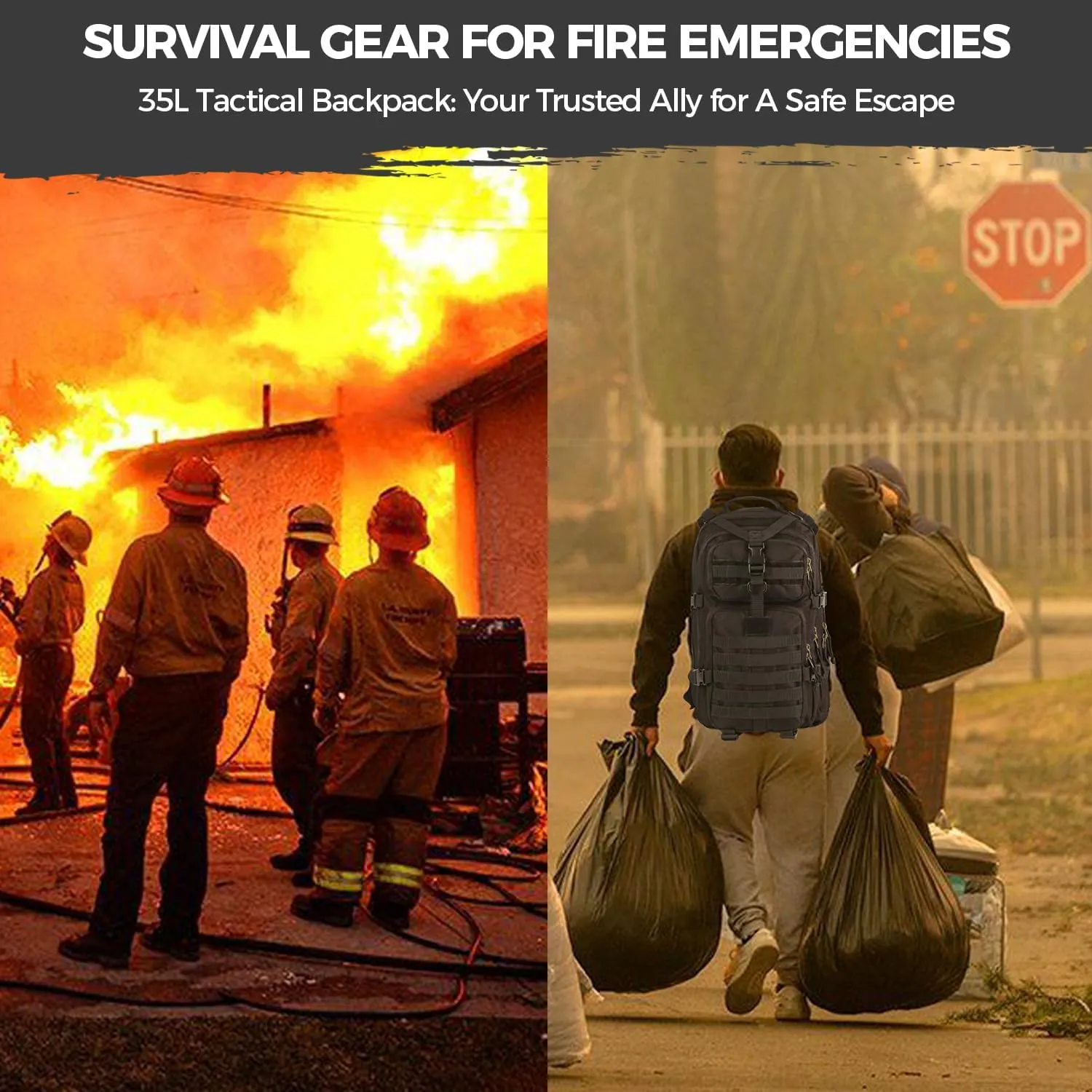 MIRACOL Emergency Backpack with MOLLE System – Tactical Wildfire Emergency Go Bag Survival Backpack - 35L for Disaster Fire Preparedness Army Green