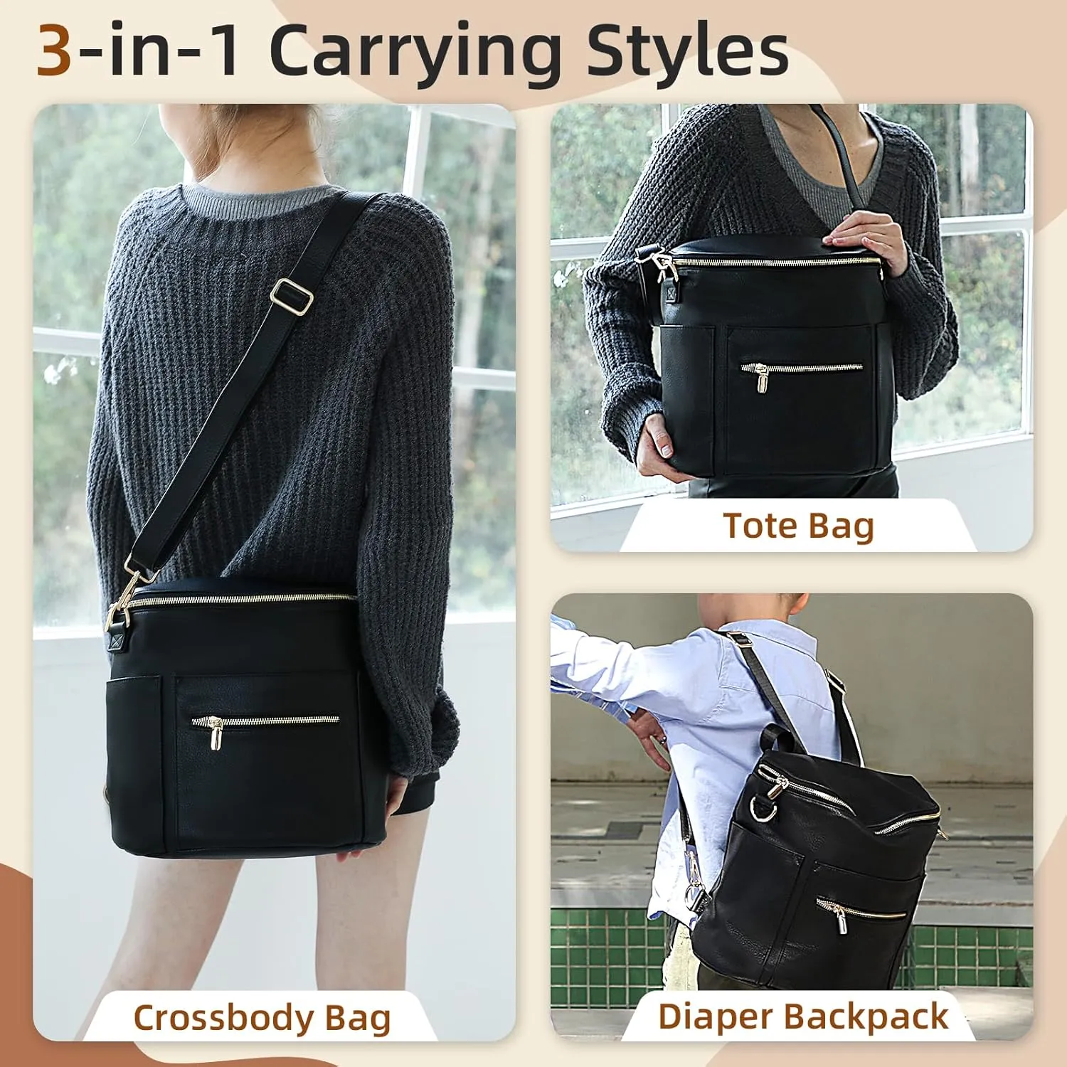 miss fong Small Diaper Bag Mini Diaper Bag, Leather Diaper Bag Backpack Mini Backpack with 14 Pockets Insulated Pockets & Shoulder Strap(After Dark)