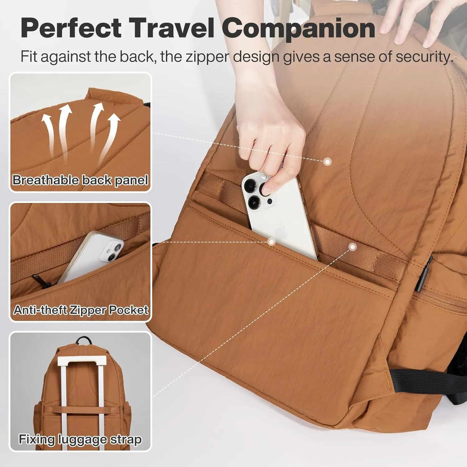 mixi Outdoor Lightweight Backpack Casual Carry On Laptop Backpack Travel Bookbag for Women Men, Water Resistant Durable Small Hiking Bag for Camping Weekender Sports College Work, 15 Inch, Brown