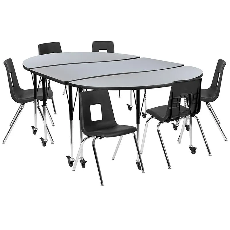 Mobile 86'' Wave Activity Table Set with 18'' Student Stack Chairs, Grey/Black - Flash Furniture