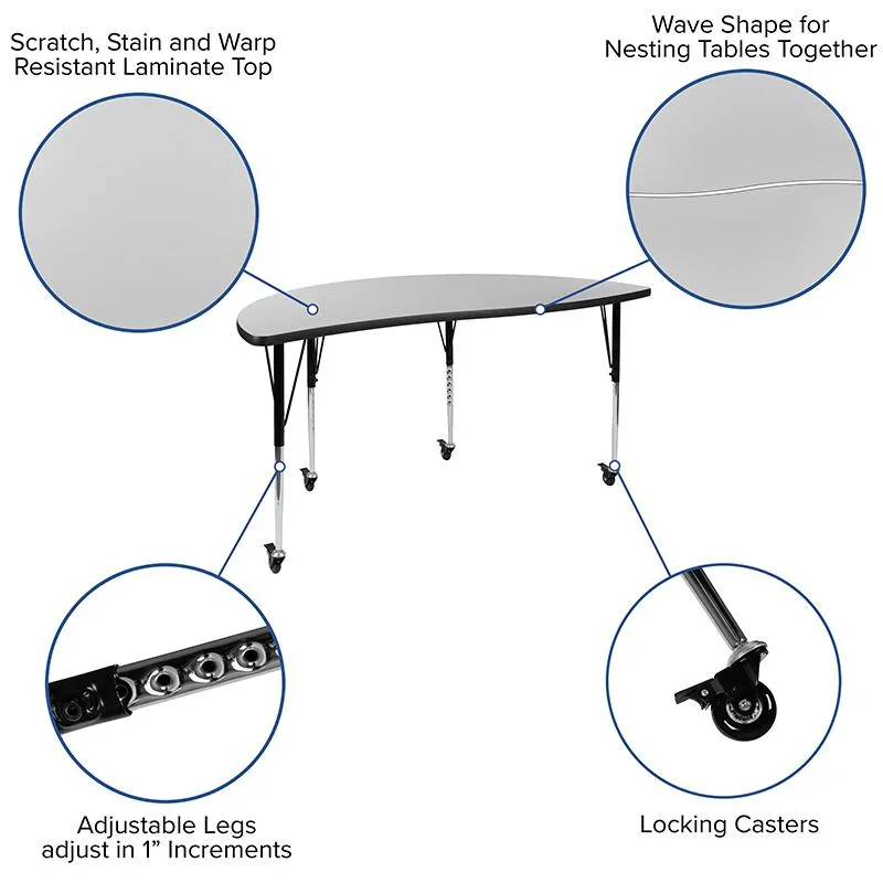 Mobile 86'' Wave Activity Table Set with 18'' Student Stack Chairs, Grey/Black - Flash Furniture