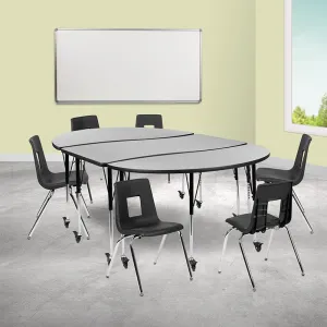 Mobile 86'' Wave Activity Table Set with 18'' Student Stack Chairs, Grey/Black - Flash Furniture