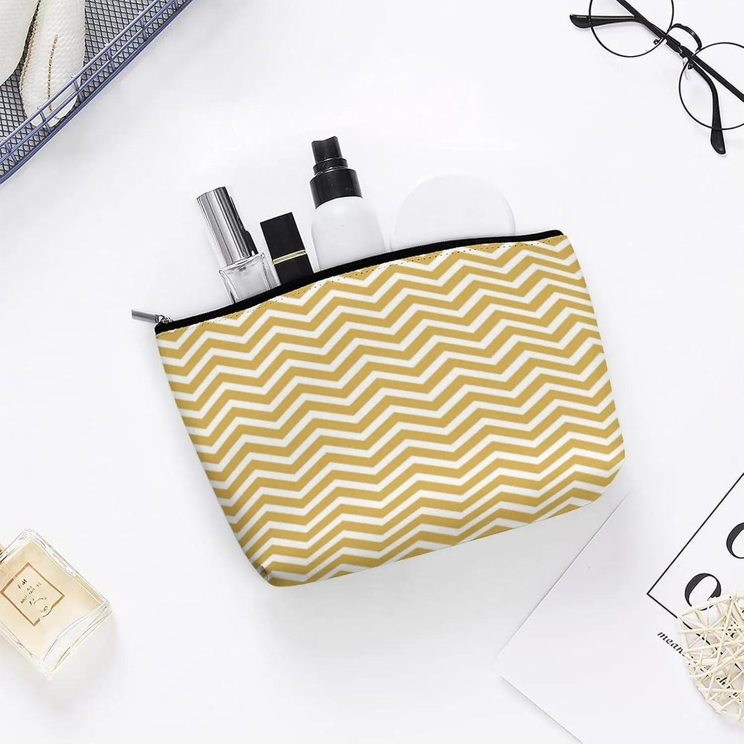 Modern Mustard Yellow Chevrons Cosmetic Bag, Travel Portable Makeup Bag for Purse Pouch Beauty Zipper Organizer Toiletry Bag for Women