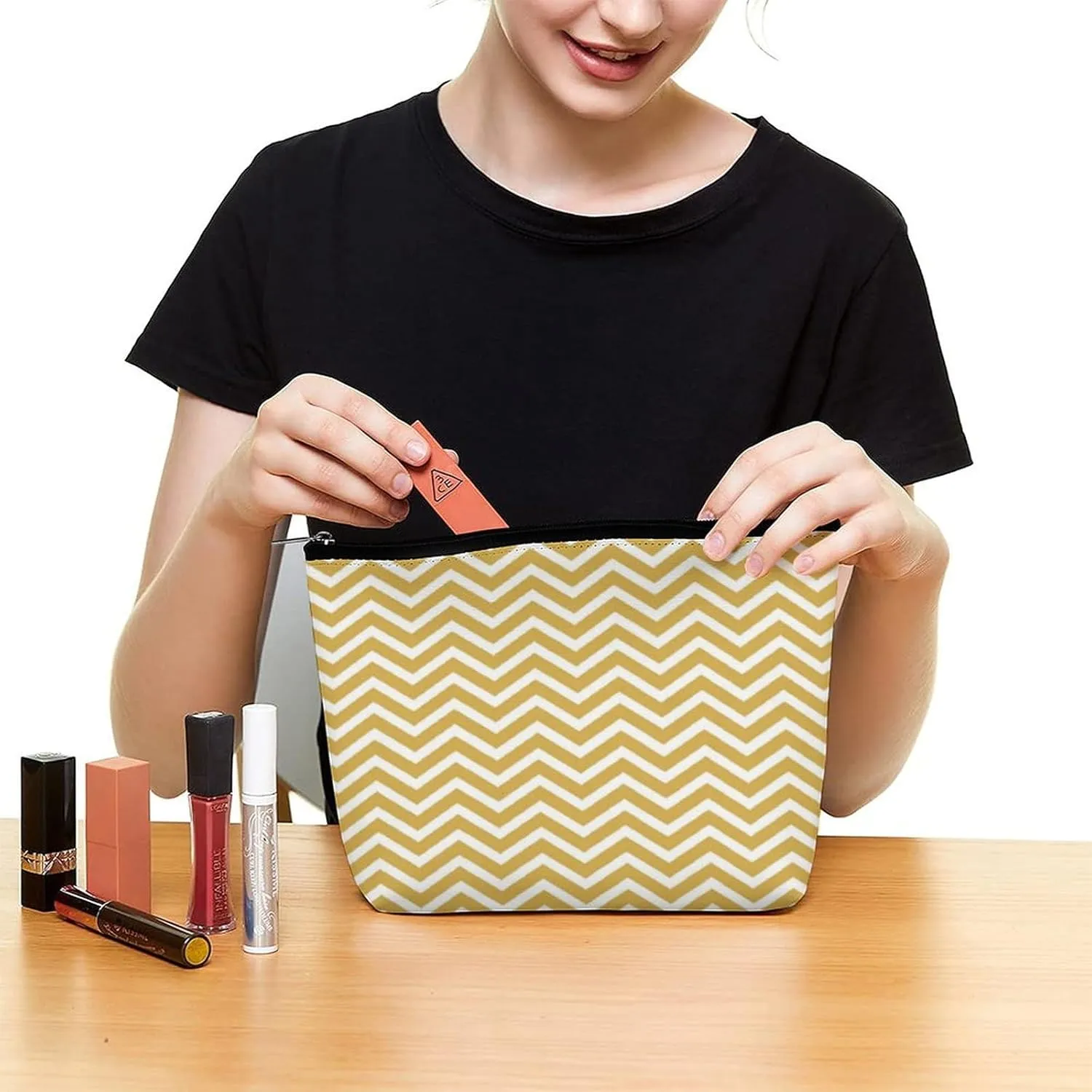 Modern Mustard Yellow Chevrons Cosmetic Bag, Travel Portable Makeup Bag for Purse Pouch Beauty Zipper Organizer Toiletry Bag for Women