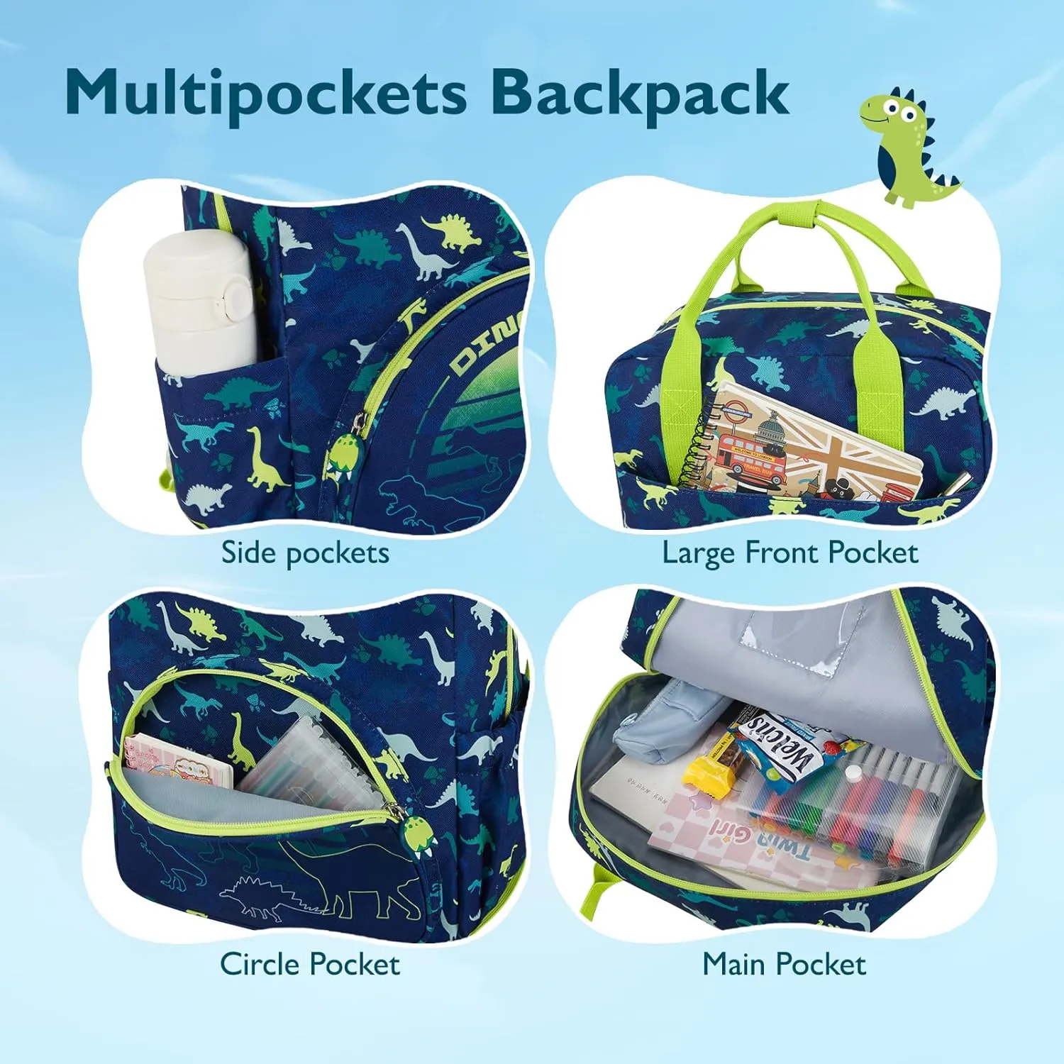 mommore Kids Backpack Boys, Durable Large Toddler Bookbag with Double Handles, Water Resistant Dinosaur Backpack with Chest Strap for Preschool Kindergarten Travel
