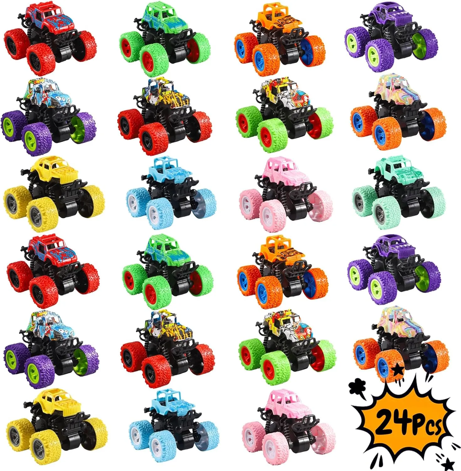 Monster Truck Toys- Toy Cars Bulk Push and Go Friction Powered Vehicles for Kids Boys Girls Birthday Gifts Easter Party Supplies Classroom Prizes (24)
