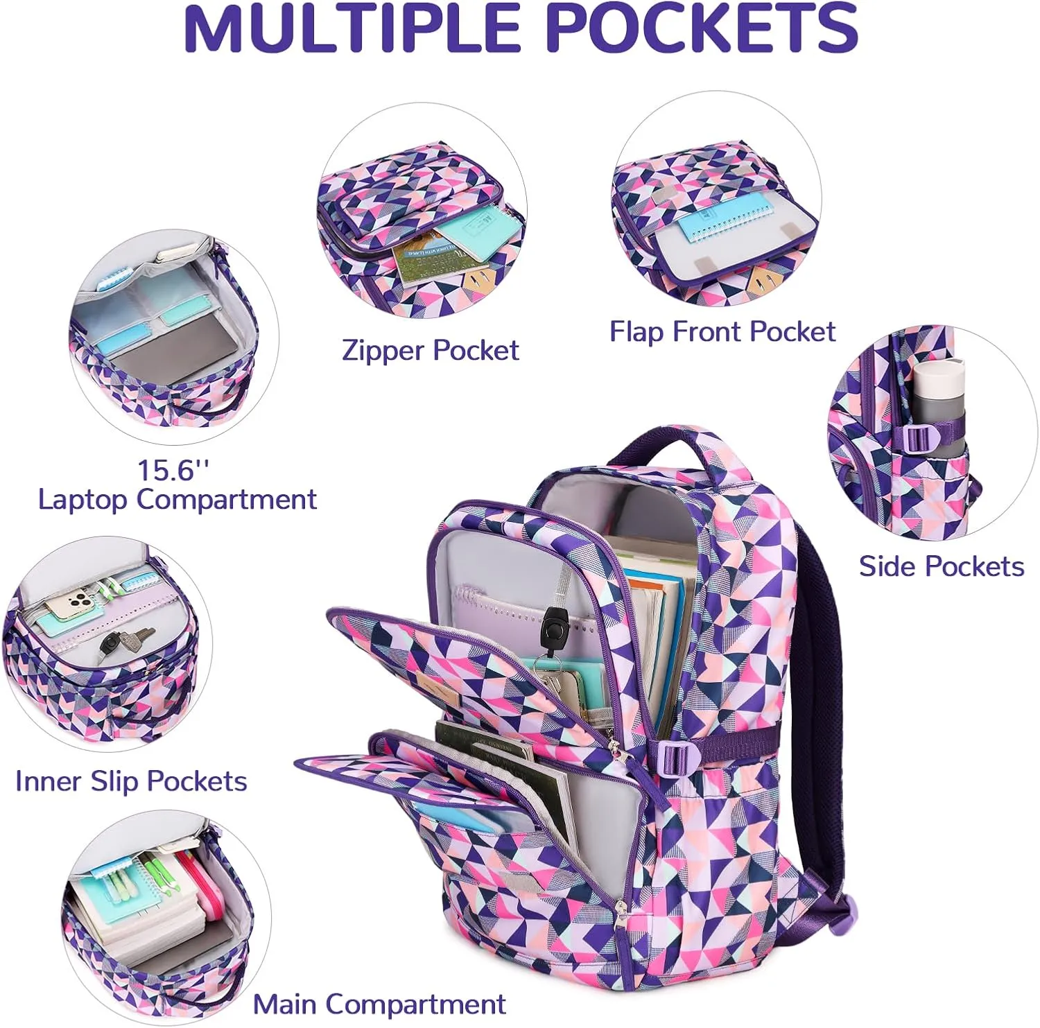 MOONBABY School Backpacks for Girls Kids Bookbag with Pencil Case for Elementary Primary Middle School, Purple
