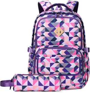 MOONBABY School Backpacks for Girls Kids Bookbag with Pencil Case for Elementary Primary Middle School, Purple