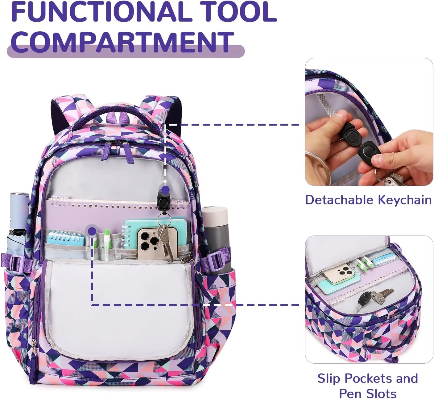 MOONBABY School Backpacks for Girls Kids Bookbag with Pencil Case for Elementary Primary Middle School, Purple