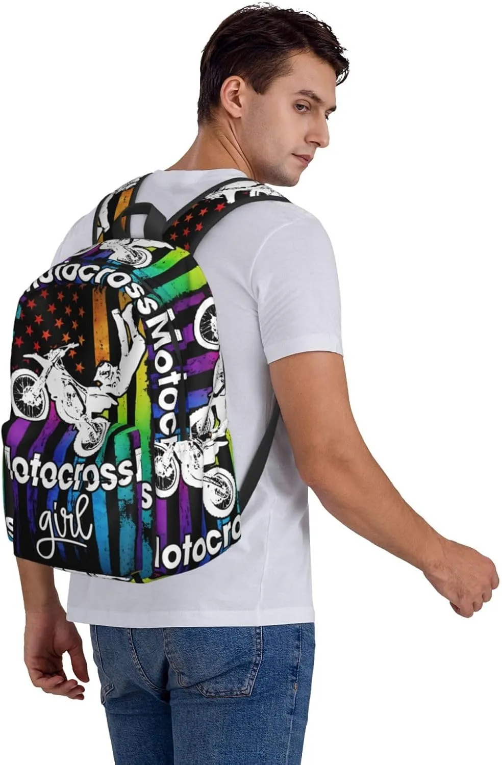 Motocross Dirt Bike Rider Racing American Flag Backpack Large Capacity Backpack Lightweight Double Shoulder Bag For Women Men Travel