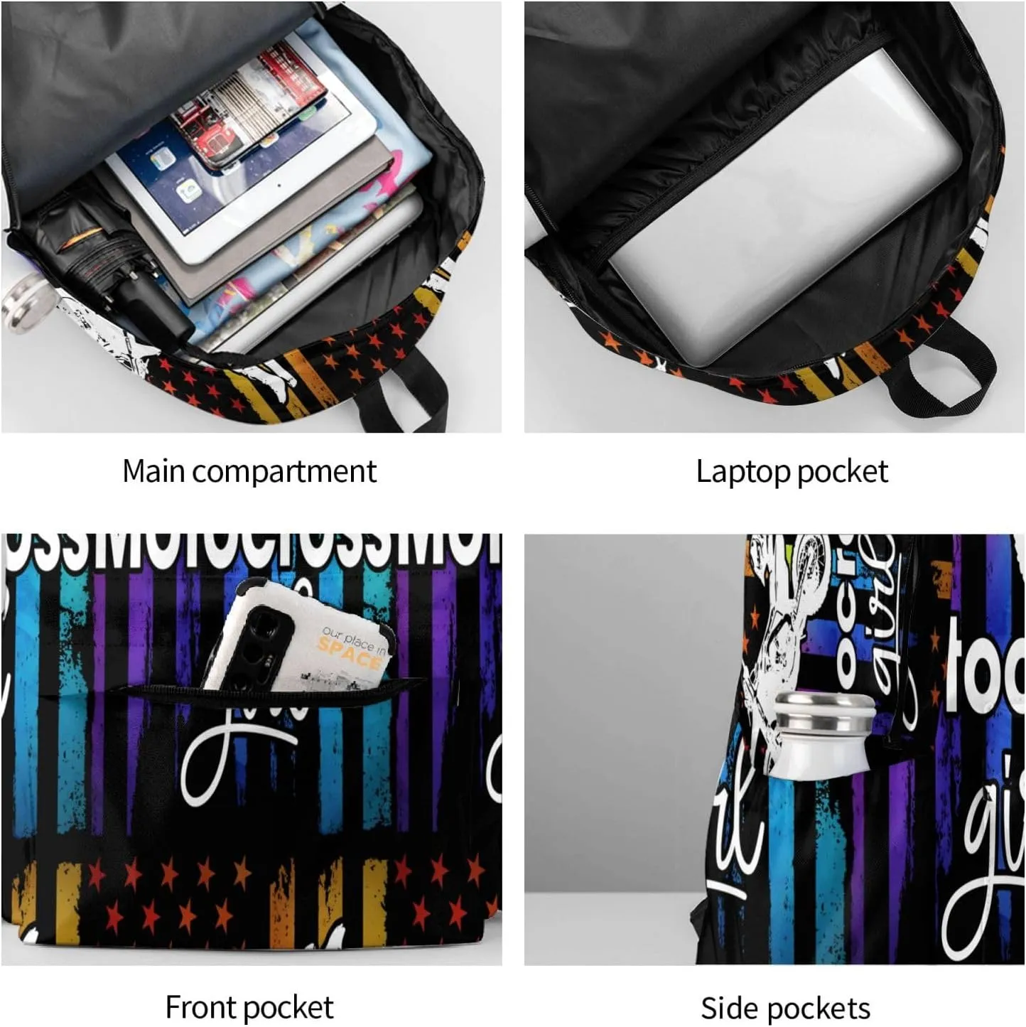 Motocross Dirt Bike Rider Racing American Flag Backpack Large Capacity Backpack Lightweight Double Shoulder Bag For Women Men Travel