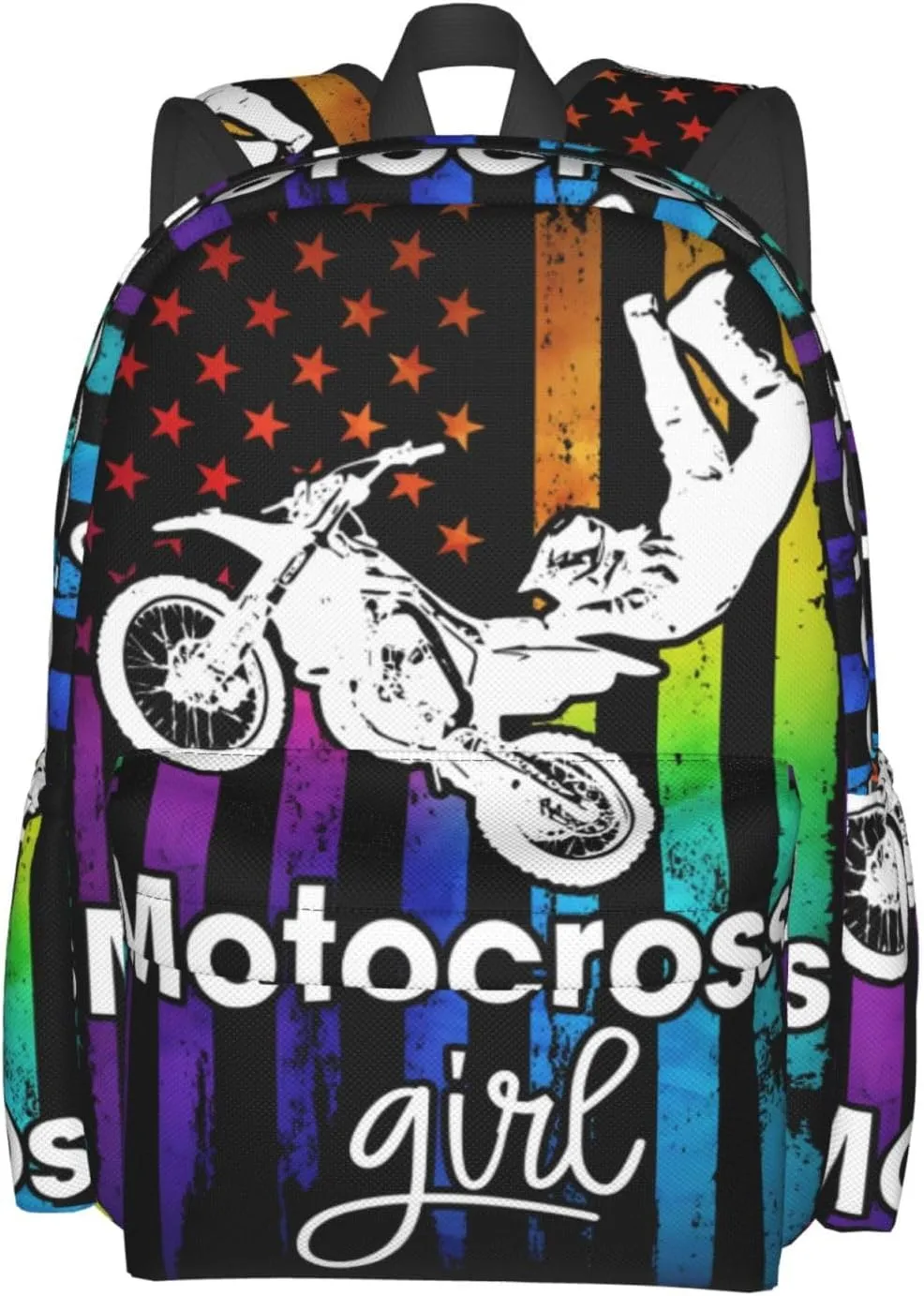 Motocross Dirt Bike Rider Racing American Flag Backpack Large Capacity Backpack Lightweight Double Shoulder Bag For Women Men Travel
