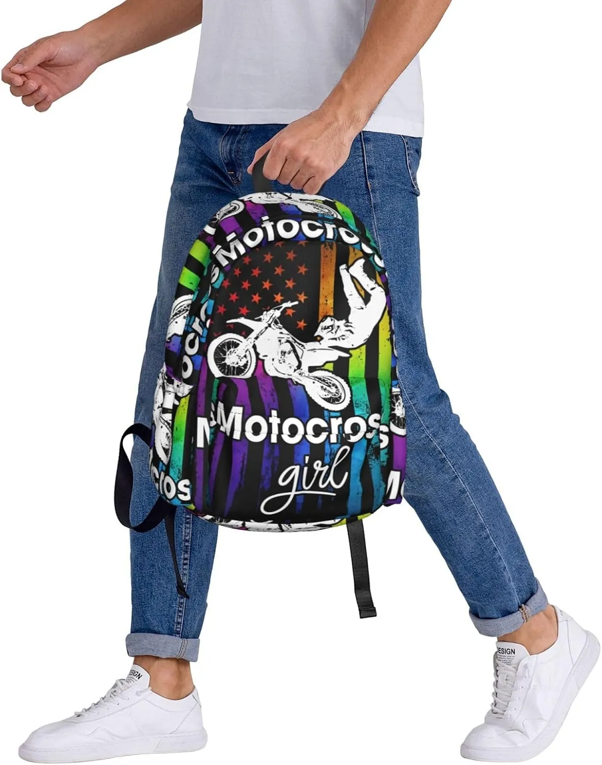 Motocross Dirt Bike Rider Racing American Flag Backpack Large Capacity Backpack Lightweight Double Shoulder Bag For Women Men Travel