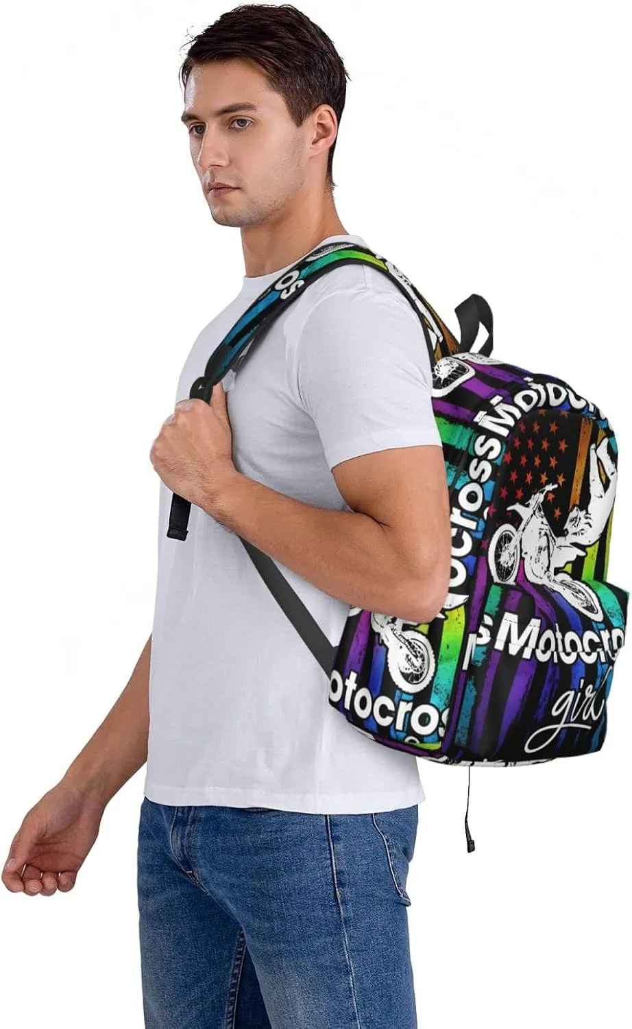 Motocross Dirt Bike Rider Racing American Flag Backpack Large Capacity Backpack Lightweight Double Shoulder Bag For Women Men Travel