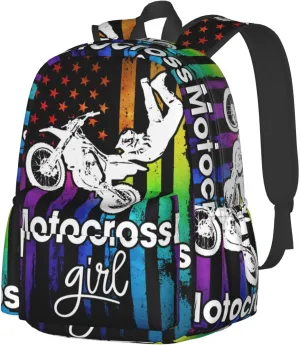 Motocross Dirt Bike Rider Racing American Flag Backpack Large Capacity Backpack Lightweight Double Shoulder Bag For Women Men Travel