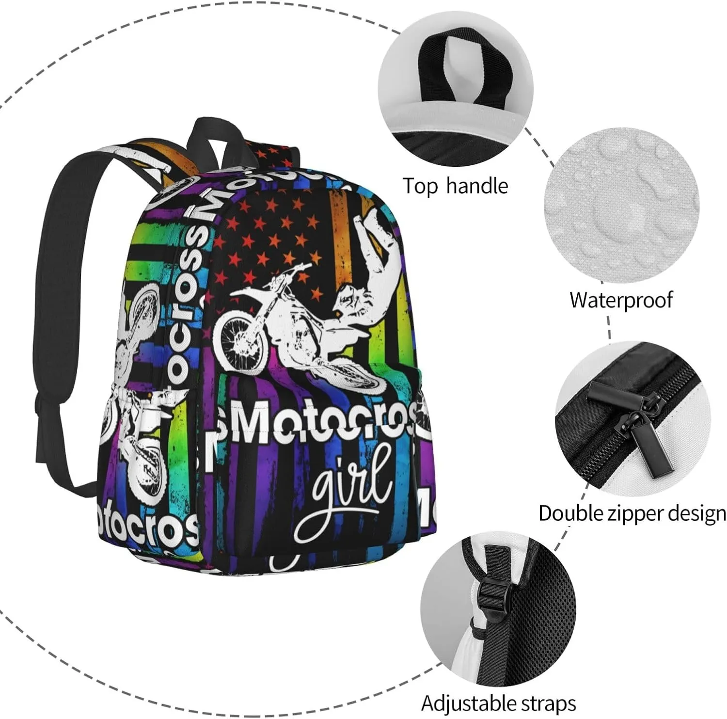 Motocross Dirt Bike Rider Racing American Flag Backpack Large Capacity Backpack Lightweight Double Shoulder Bag For Women Men Travel