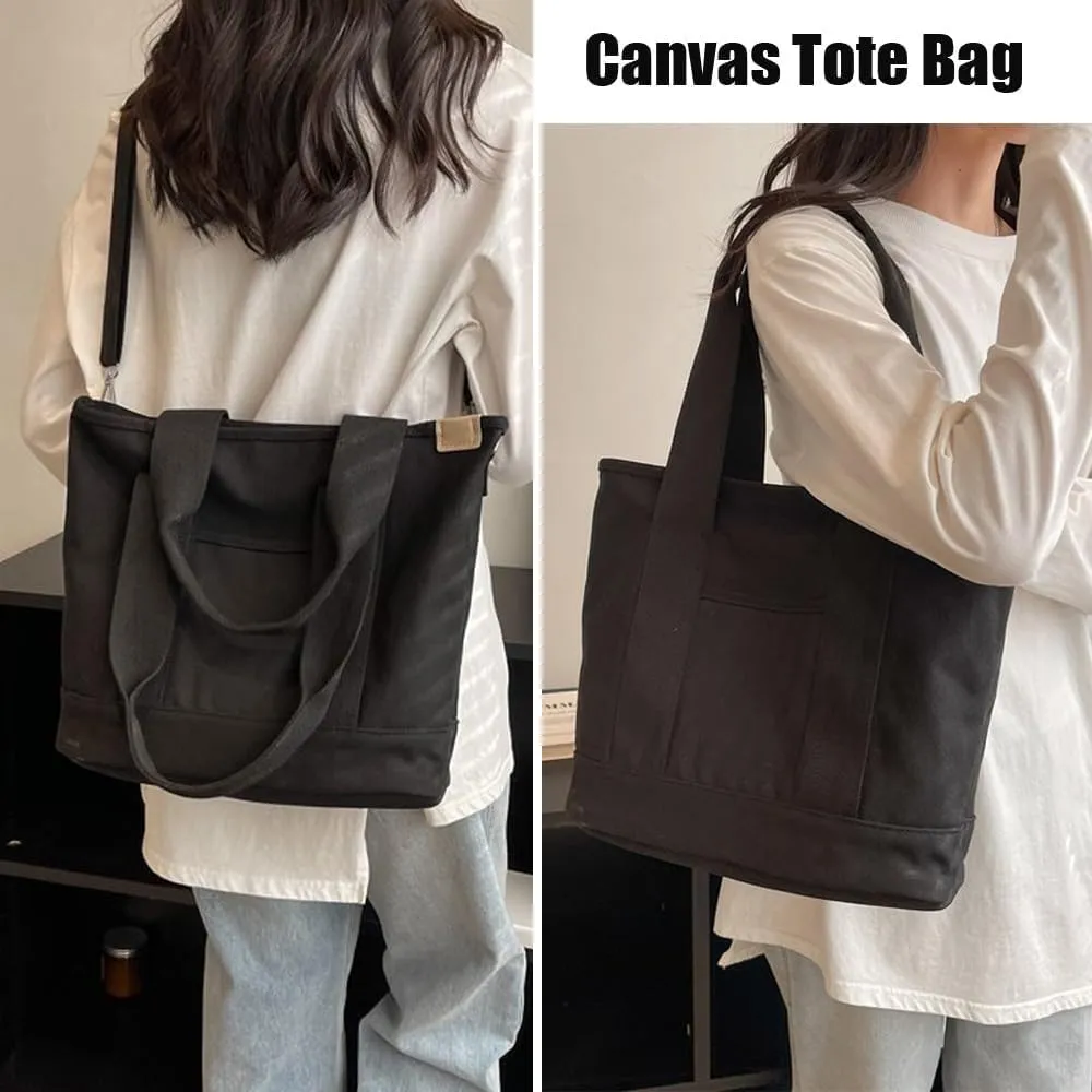 Multi Pocket Canvas Tote Bag with Zipper Shoulder Bag Handbag with Compartments Crossbody Bag Shoulder Bag