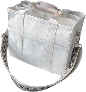 Multi-pocket Casual Canvas Bag, Womens Canvas Tote Bag Casual Practical Shoulder Bag with Compartments Two Sizes