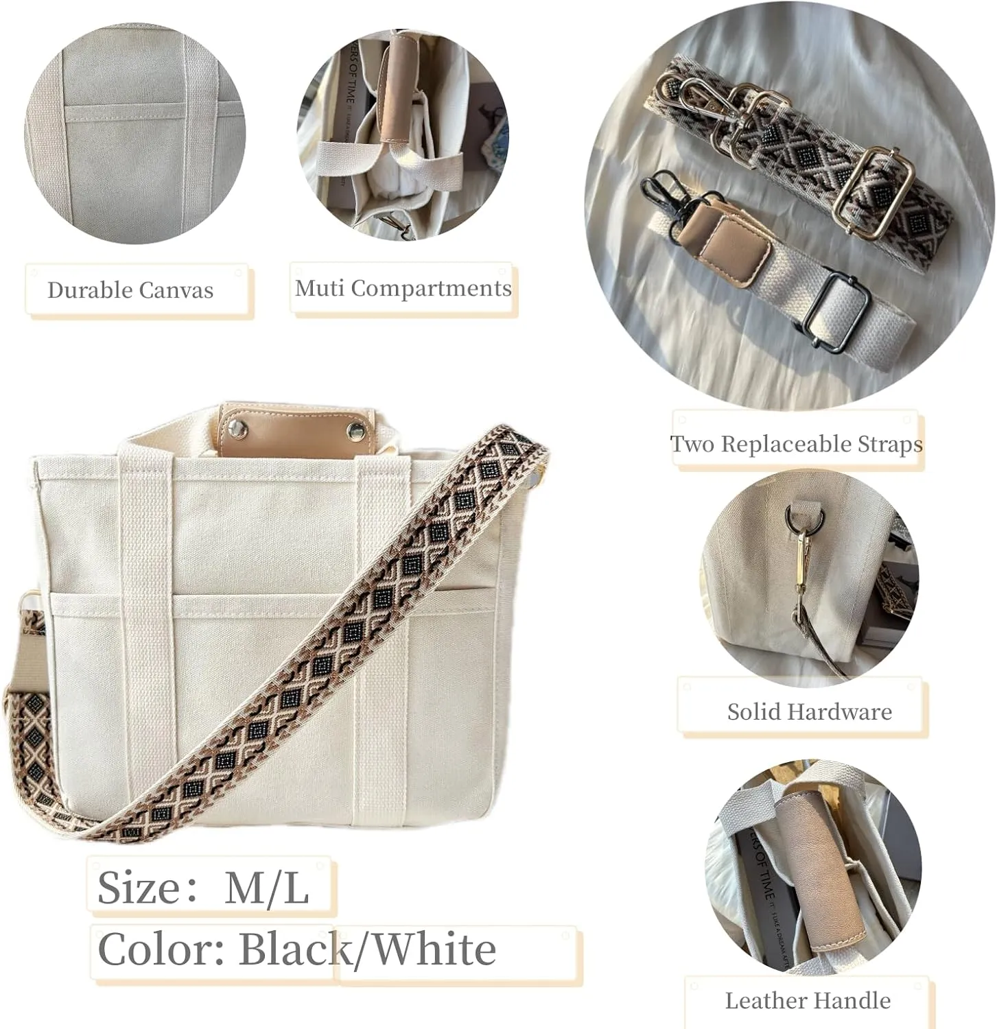 Multi-pocket Casual Canvas Bag, Womens Canvas Tote Bag Casual Practical Shoulder Bag with Compartments Two Sizes
