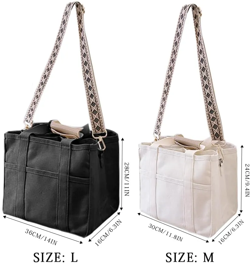 Multi-pocket Casual Canvas Bag, Womens Canvas Tote Bag Casual Practical Shoulder Bag with Compartments Two Sizes