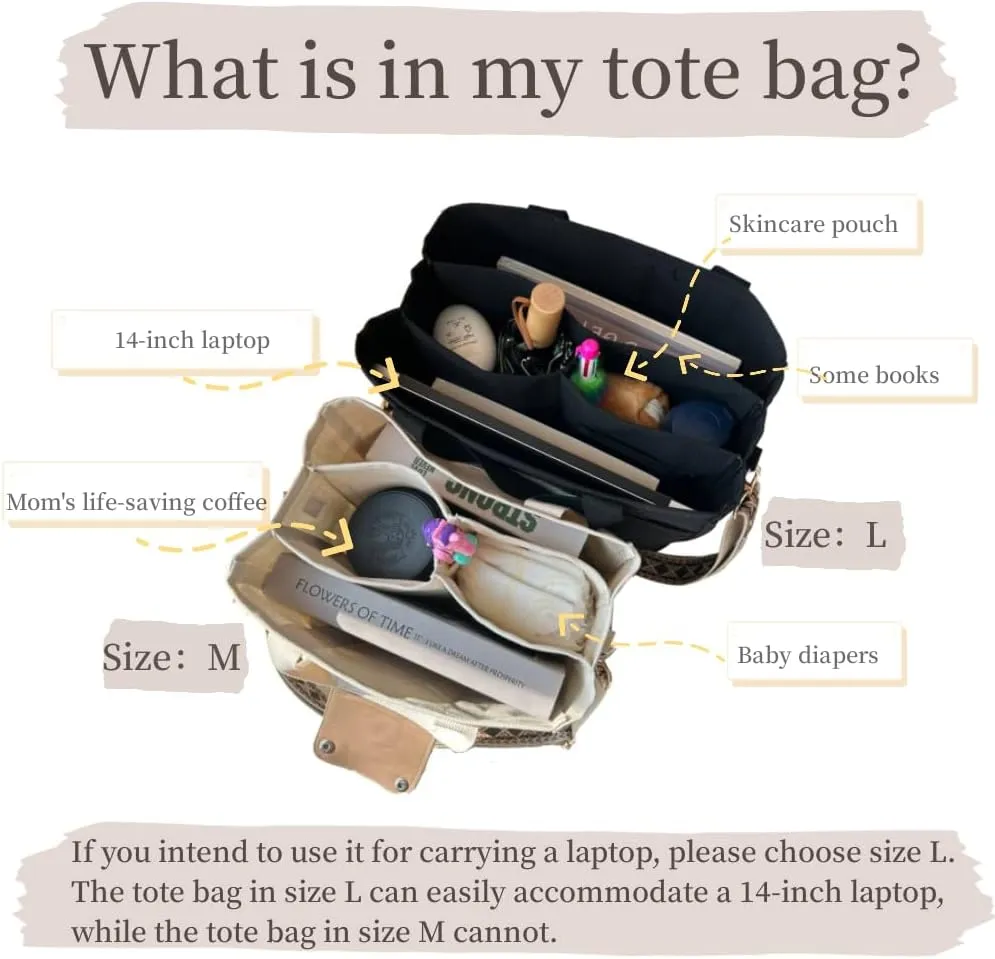 Multi-pocket Casual Canvas Bag, Womens Canvas Tote Bag Casual Practical Shoulder Bag with Compartments Two Sizes