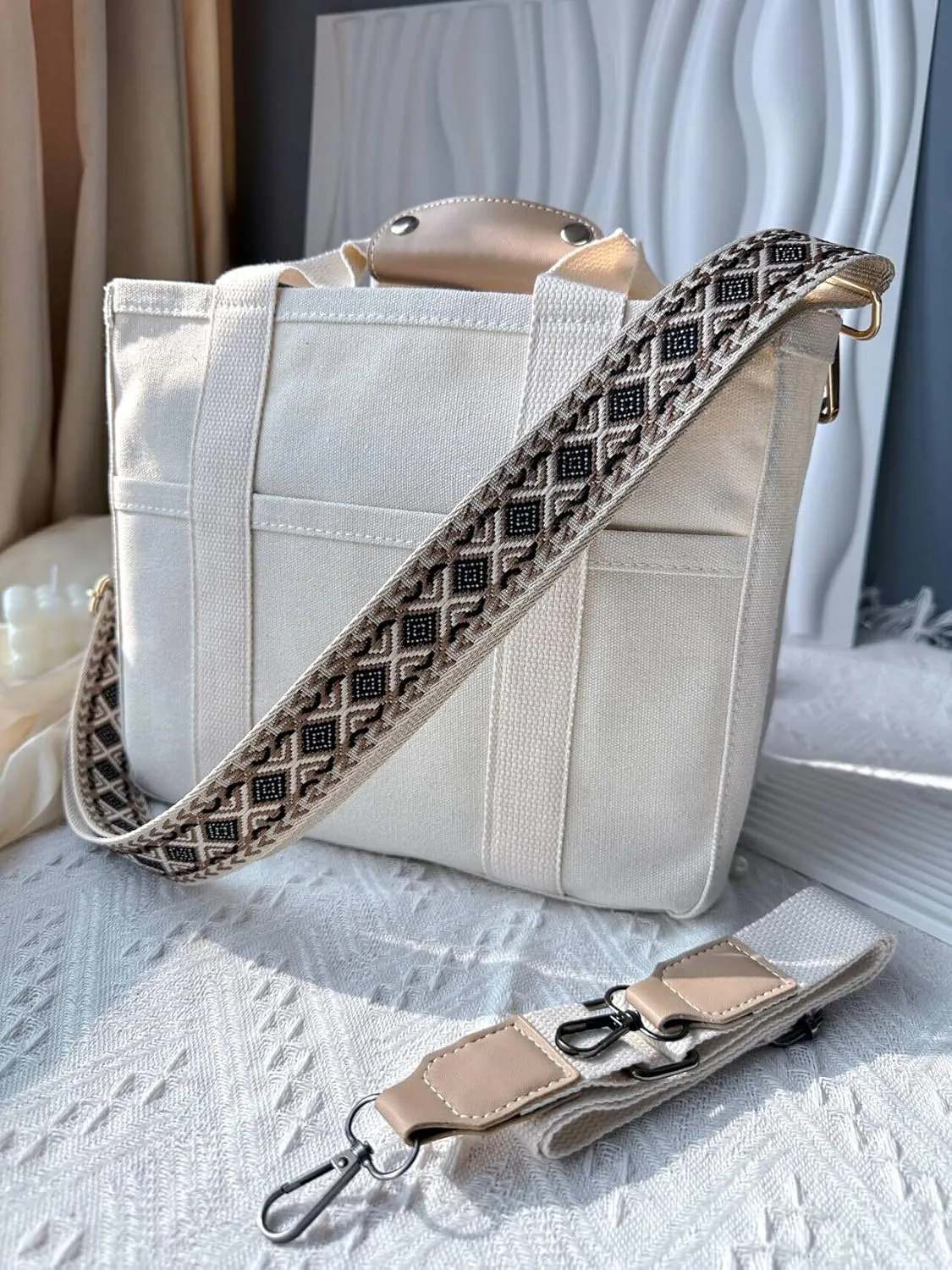 Multi-pocket Casual Canvas Bag, Womens Canvas Tote Bag Casual Practical Shoulder Bag with Compartments Two Sizes