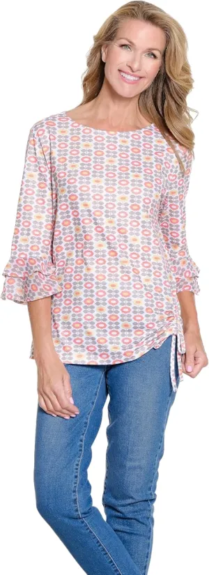 MULTIPLES Women's 3/4 Double Flounce Sleeve Drop Shoulder Bateau Neck Side Drawstring Top