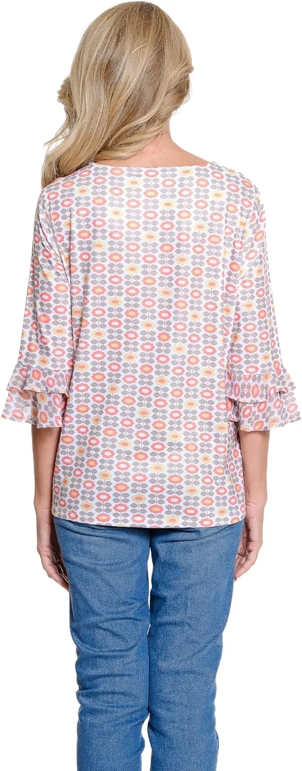 MULTIPLES Women's 3/4 Double Flounce Sleeve Drop Shoulder Bateau Neck Side Drawstring Top
