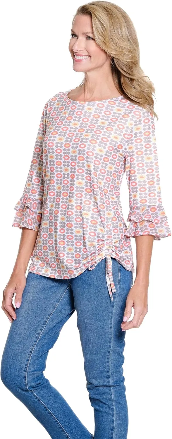 MULTIPLES Women's 3/4 Double Flounce Sleeve Drop Shoulder Bateau Neck Side Drawstring Top