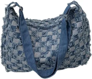 Multipurpose Jean Shoulder Bag Distressed Denims Checkered Crossbody Handbag College Student School Book Bag for Women