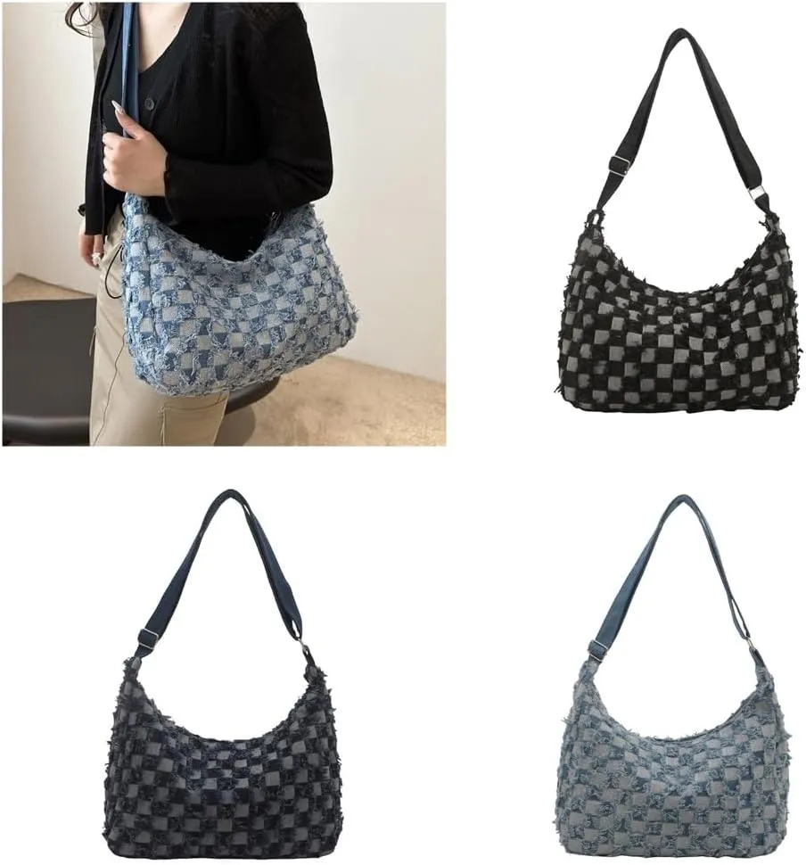 Multipurpose Jean Shoulder Bag Distressed Denims Checkered Crossbody Handbag College Student School Book Bag for Women