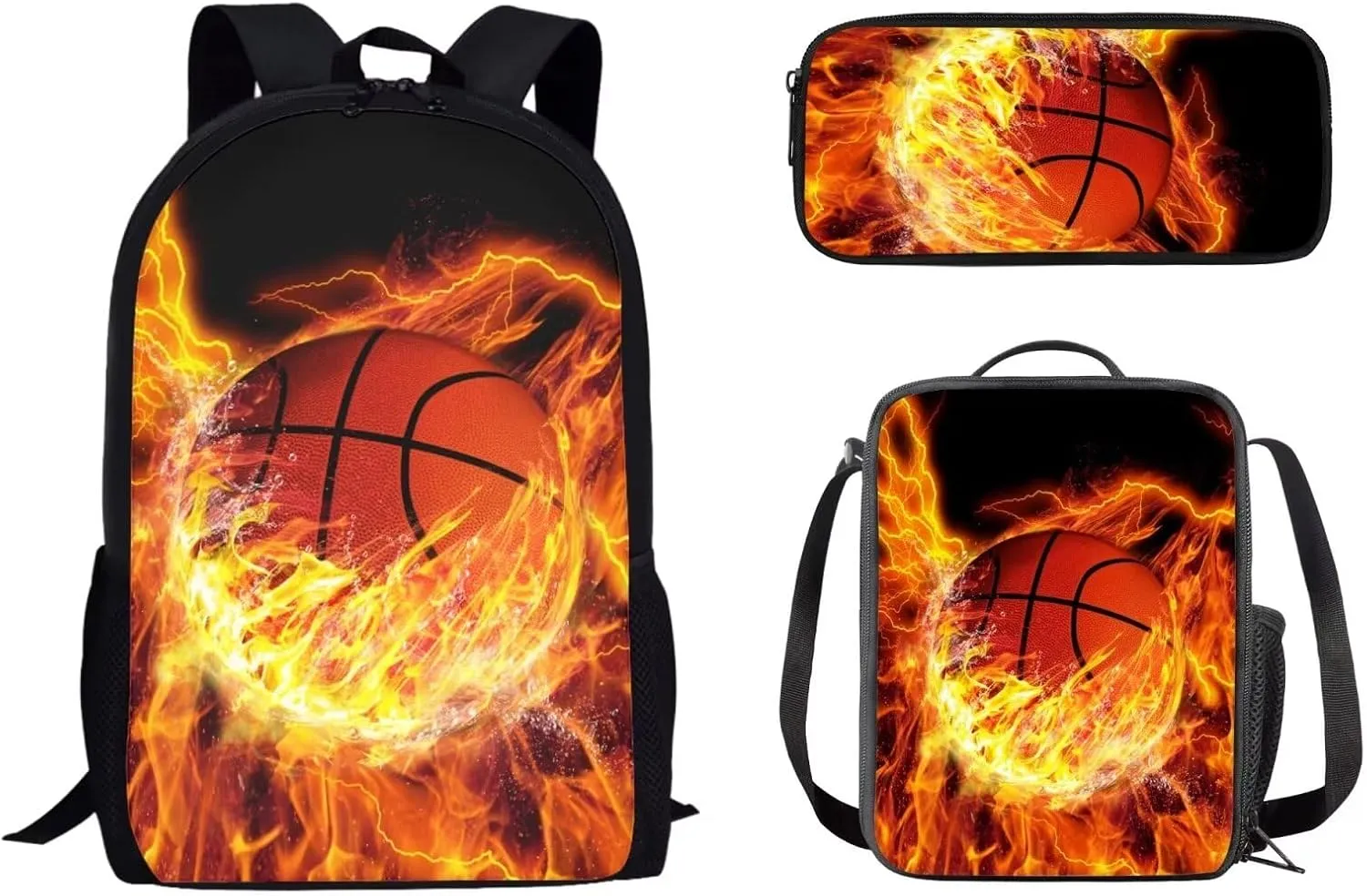 Mumeson Basketball Kids Backpack Set 3 Pack Set Large Capacity School Bag and Lightweight Lunch Bags Portable Pencil Case Back to School Supplies