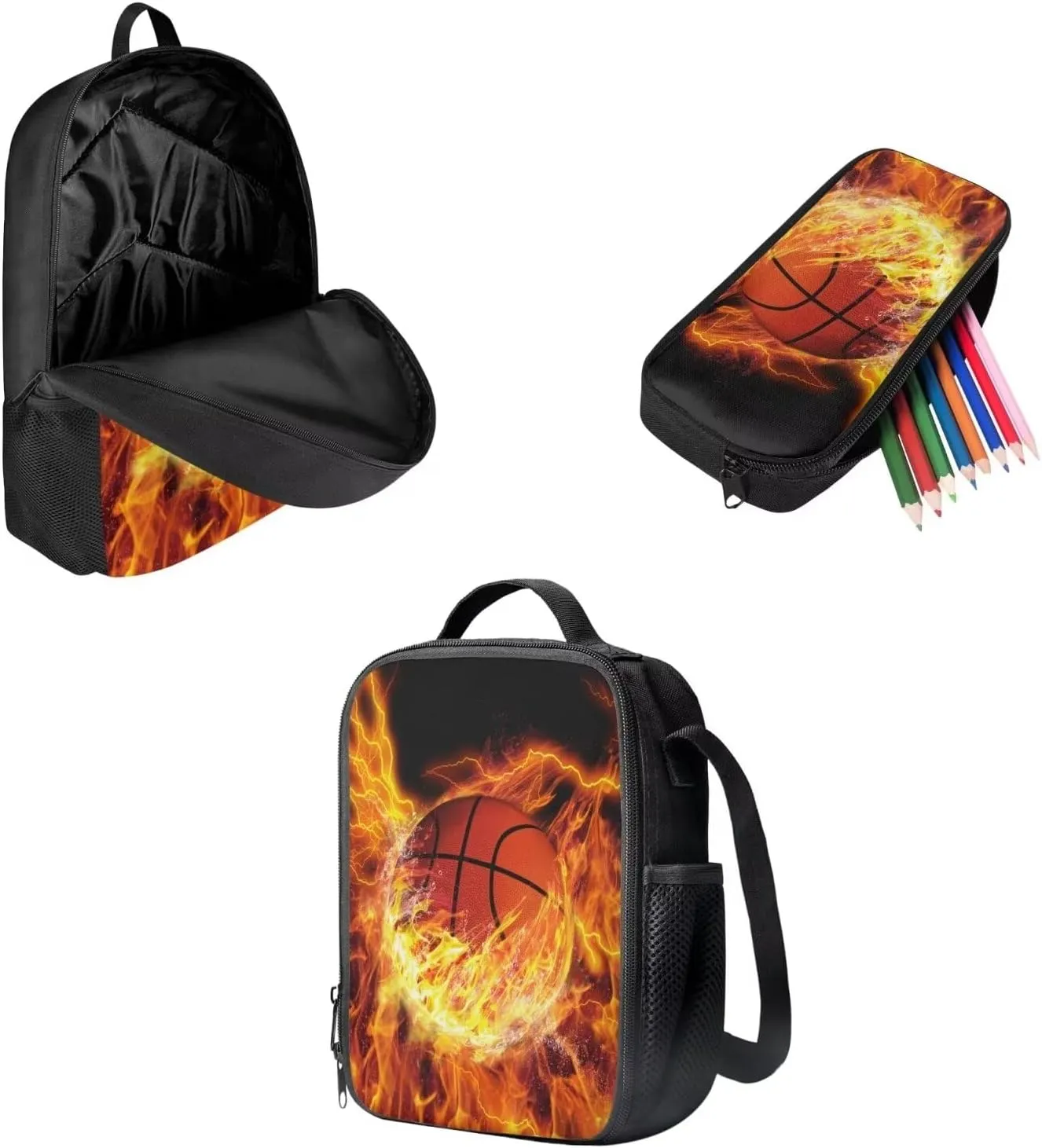 Mumeson Basketball Kids Backpack Set 3 Pack Set Large Capacity School Bag and Lightweight Lunch Bags Portable Pencil Case Back to School Supplies