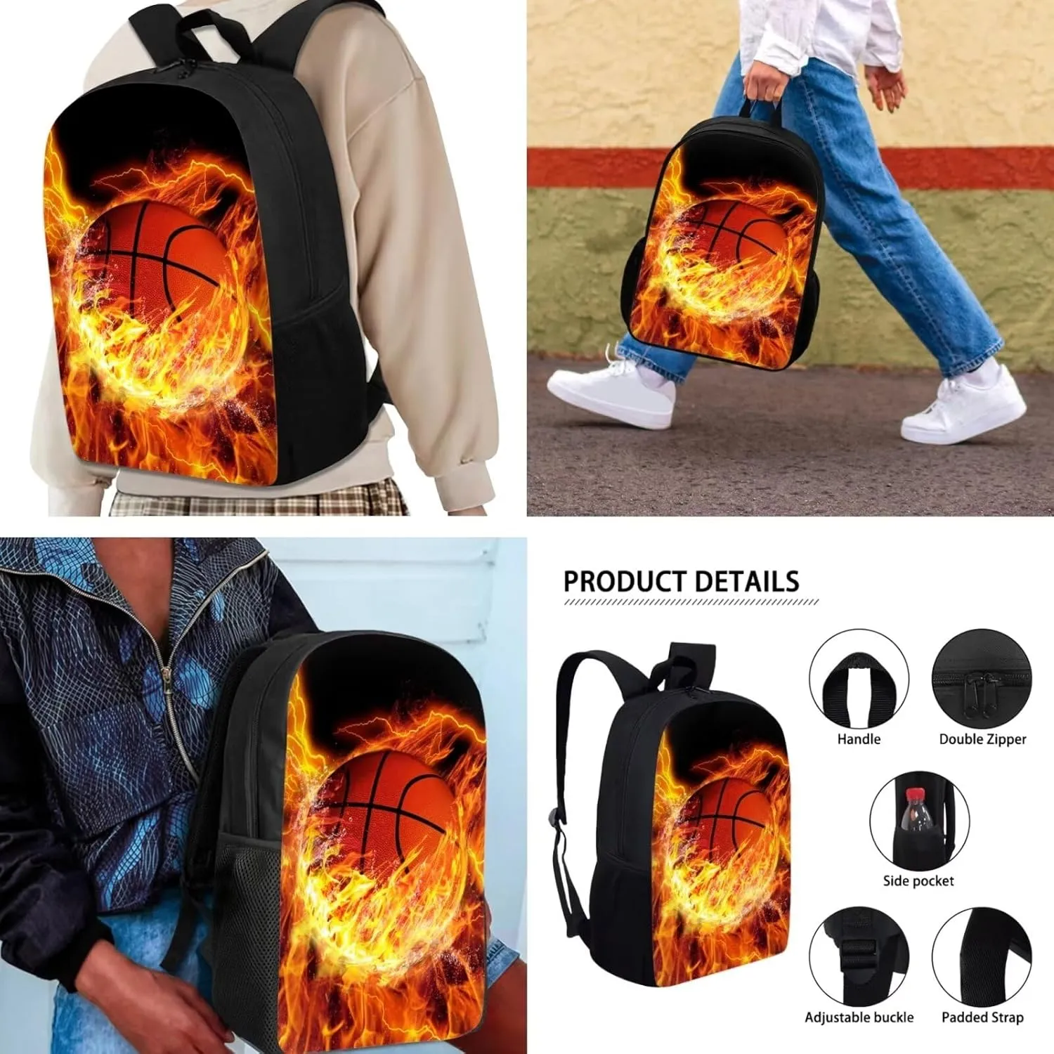 Mumeson Basketball Kids Backpack Set 3 Pack Set Large Capacity School Bag and Lightweight Lunch Bags Portable Pencil Case Back to School Supplies