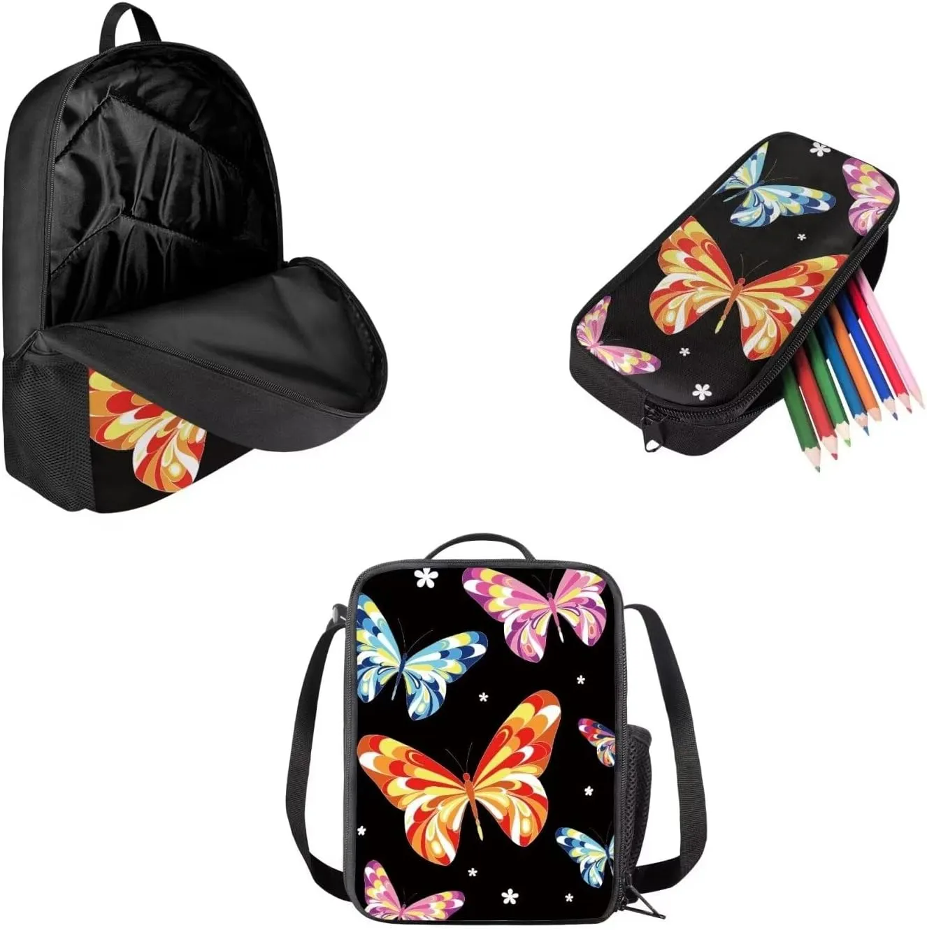 Mumeson Butterfly Kids Backpack Big Capacity Bookbag Rucksack Schoolbags for Teen Boys Kids with Insulated Thermal Lunch Bag Small Pencase