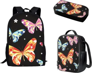 Mumeson Butterfly Kids Backpack Big Capacity Bookbag Rucksack Schoolbags for Teen Boys Kids with Insulated Thermal Lunch Bag Small Pencase