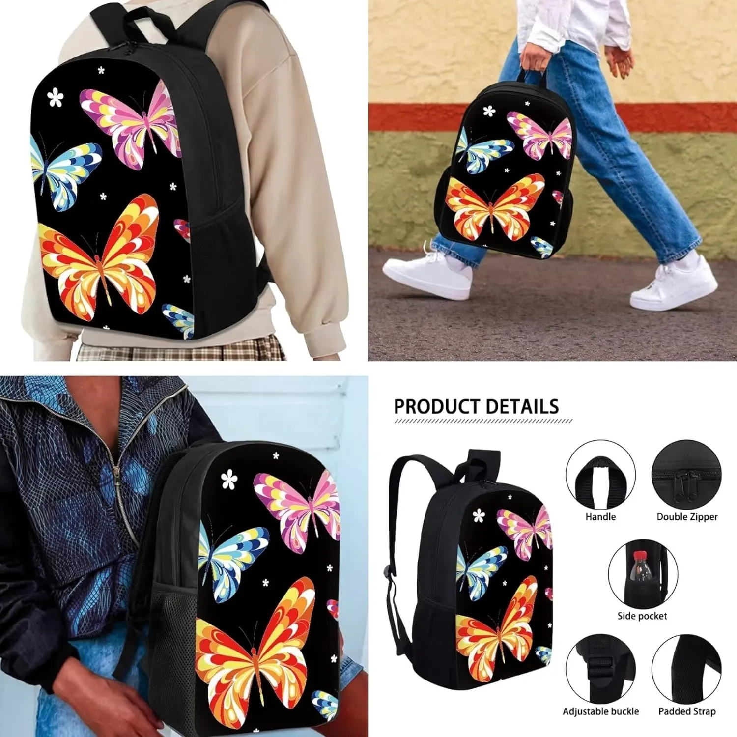 Mumeson Butterfly Kids Backpack Big Capacity Bookbag Rucksack Schoolbags for Teen Boys Kids with Insulated Thermal Lunch Bag Small Pencase