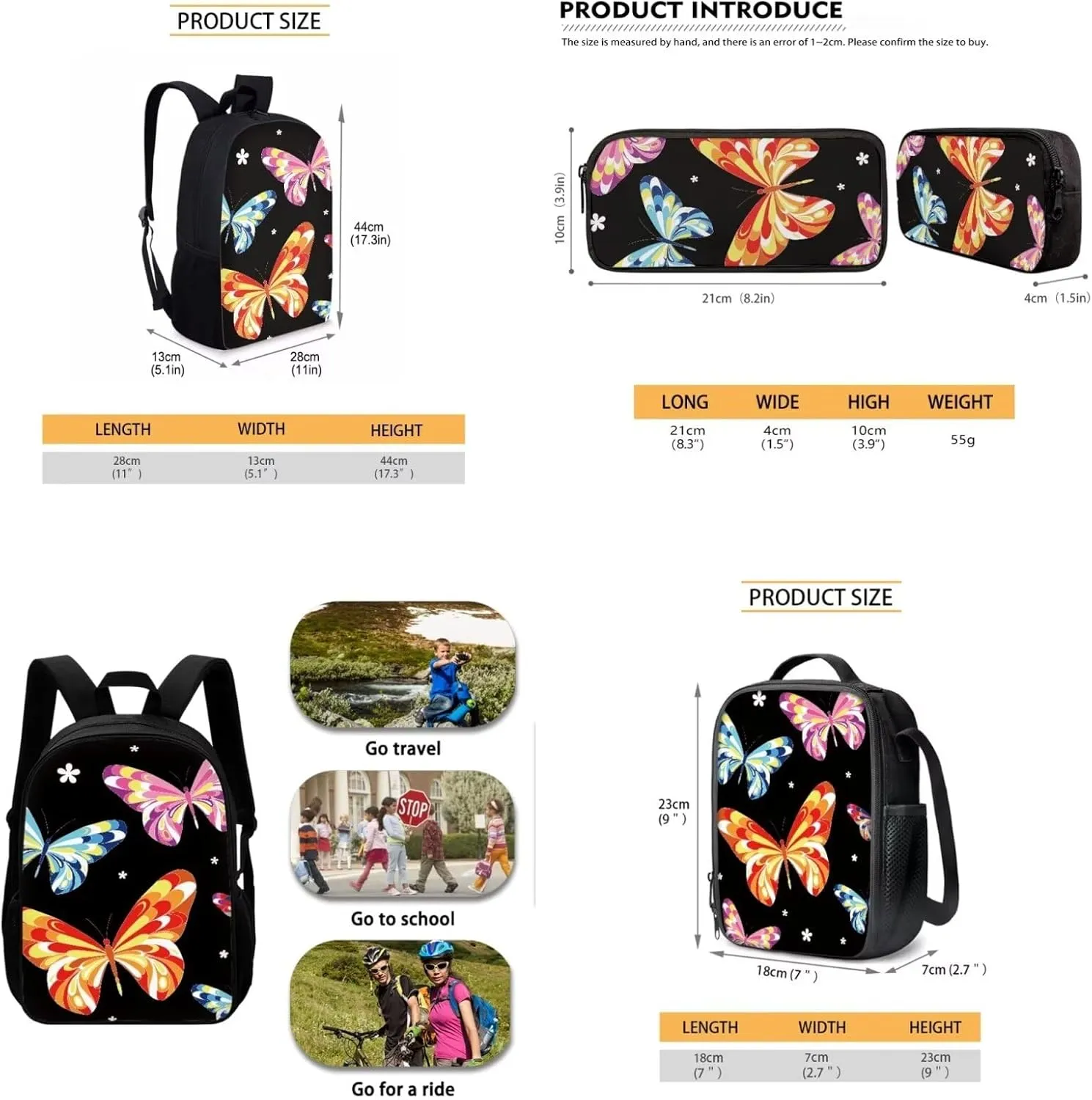 Mumeson Butterfly Kids Backpack Big Capacity Bookbag Rucksack Schoolbags for Teen Boys Kids with Insulated Thermal Lunch Bag Small Pencase